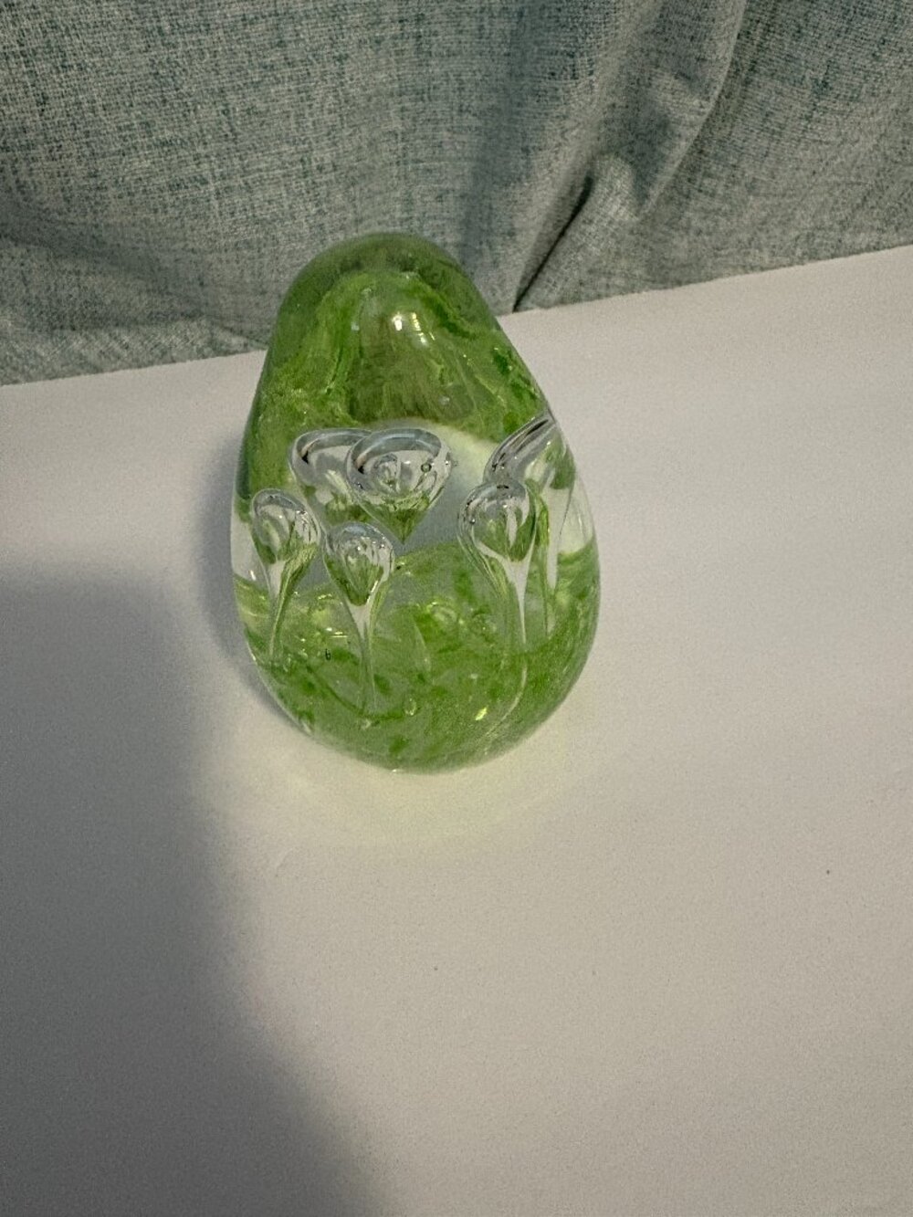 Egg Shaped Clear Glass with Green Interior Design Paperweight